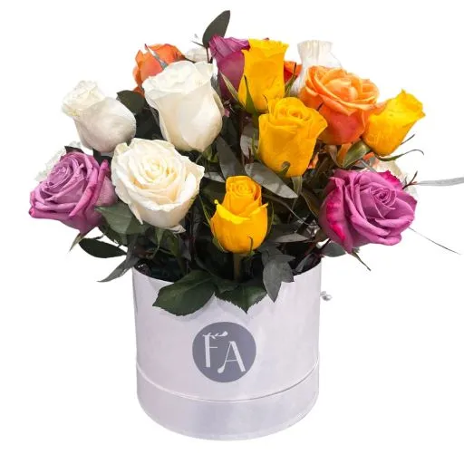 Caja pote con rosas importadas multicolor blanco